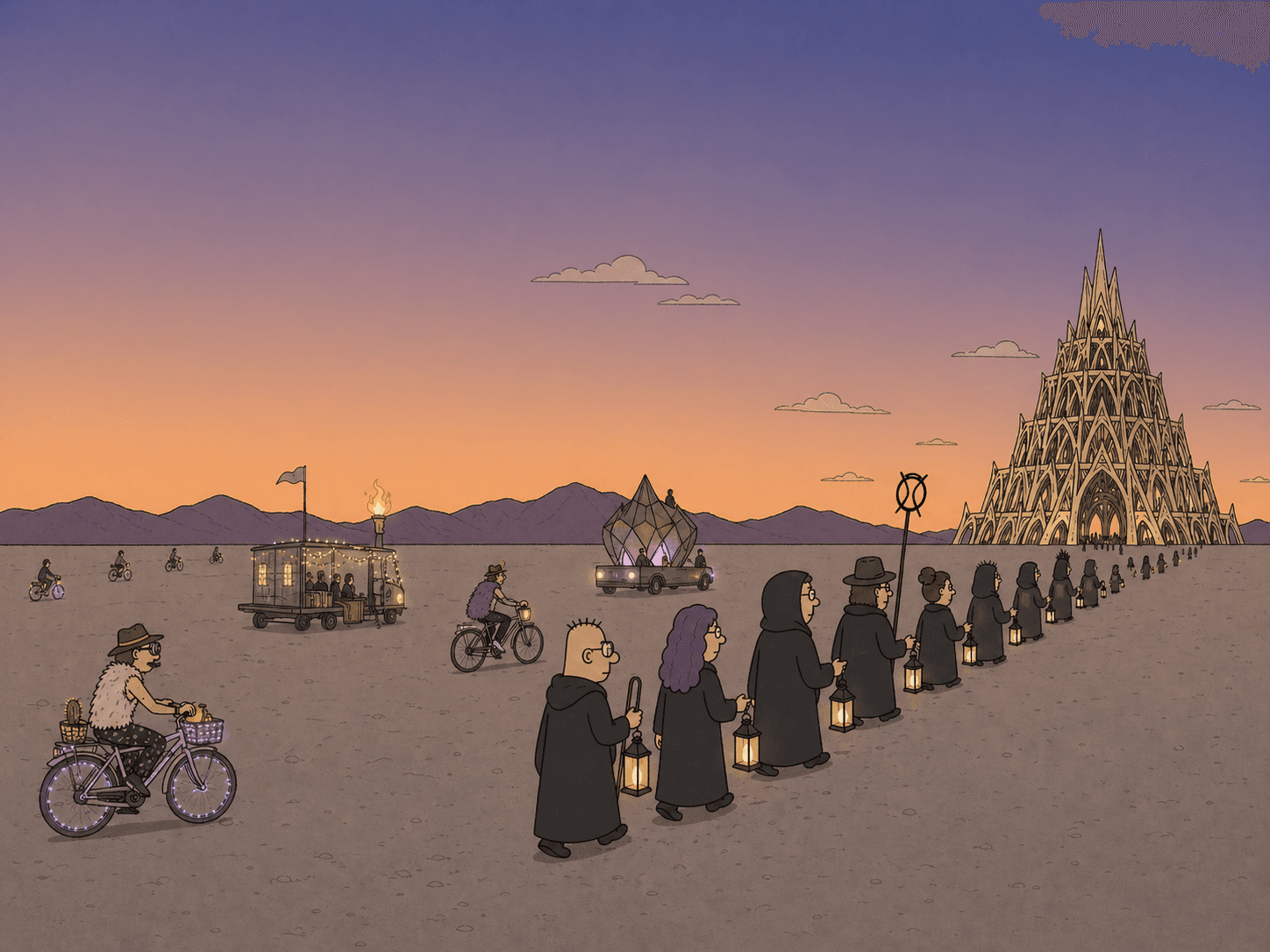 Cult procession across the desert toward a gothic temple at sunset
